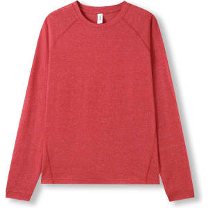 A red heather long sleeve T-shirt with a round neckline and raglan sleeves. Features a logo.