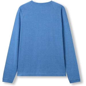 A blue heather long sleeve T-shirt with a rounded neckline and raglan sleeves, featuring a logo on the back.