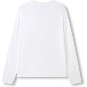 A white long sleeve T-shirt with a simple design and a logo on the back.