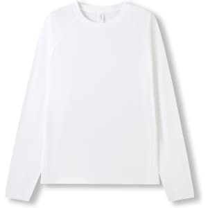 A white long sleeve t-shirt with a classic fit and a logo on the back.