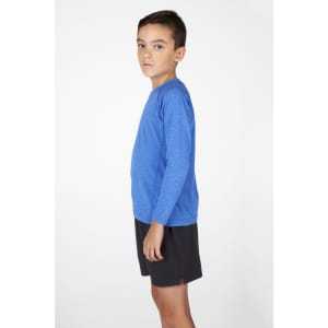 A boy wearing a long-sleeve blue T-shirt and black shorts, facing sideways against a white background.