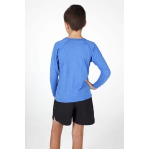 A long sleeve T-shirt in blue, viewed from the back, worn with black shorts. The shirt features a logo.