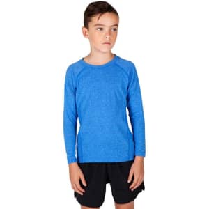 A long sleeve T-shirt for kids in vibrant blue, paired with black shorts, featuring a logo.