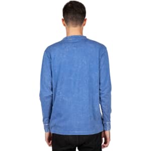 A men's unisex stone wash long sleeve T-shirt in a blue hue, featuring a casual design and a logo on the back.