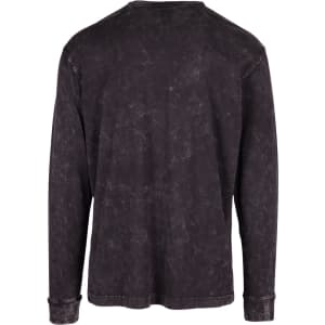 A black stone wash long sleeve T-shirt with a casual, textured appearance and a logo on the back.