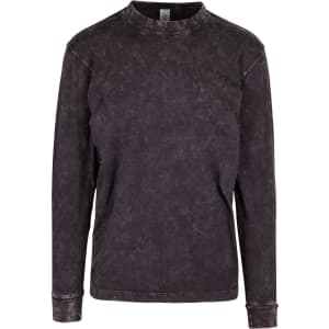 A unisex stone wash long sleeve T-shirt in dark grey, featuring a simple design and a logo.