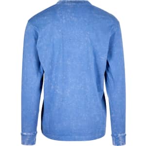A stone wash long sleeve T-shirt in a light blue colour, featuring a back view design. Includes a logo.