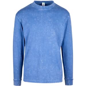 A long sleeve, stone wash T-shirt in a medium blue colour, featuring a round neckline and a logo.