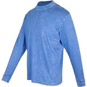 A blue stone wash long sleeve T-shirt featuring a casual style and a logo on the chest area.