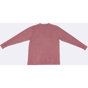 A long sleeve, stone wash T-shirt in a faded rose colour, featuring a simple design and a logo.