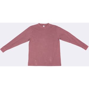 A stone wash long sleeve T-shirt in a soft mauve colour, featuring a simple design and a logo.