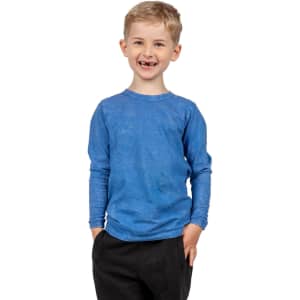 A blue stone wash long sleeve T-shirt worn by a smiling young boy. The shirt has a casual fit and soft fabric.
