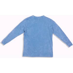 A blue kid's long sleeve t-shirt with a stone wash finish, featuring a simple back design and a logo.