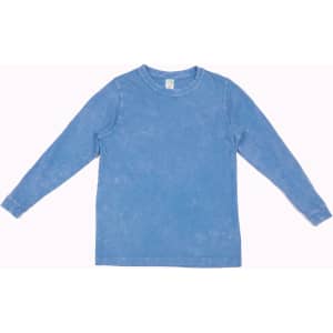 A blue stone wash long sleeve T-shirt with a round neckline and a logo on the label.