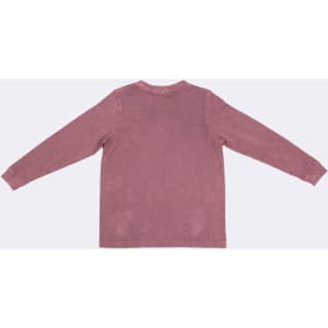 A kid's stone wash long sleeve T-shirt in a muted pink hue, featuring a simple design and a logo.