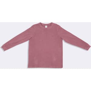 Kid's stone wash long sleeve T-shirt in a dusty pink hue, featuring a round neckline and long sleeves. It has a logo tag.