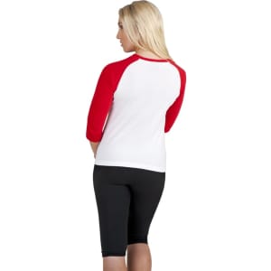 A women's 3/4 sleeve raglan T-shirt in red and white, featuring a logo, shown from the back.