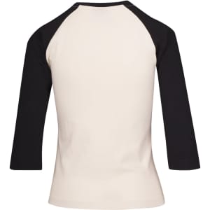 A women's 3/4 sleeve raglan T-shirt in cream with black sleeves. Includes a logo on the back.