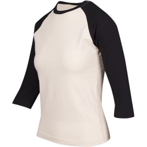 A women's 3/4 sleeve raglan T-shirt in cream and black with a logo on the side.