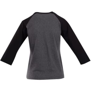 A grey and black women's 3/4 sleeve raglan t-shirt with a simple design and logo on the back.