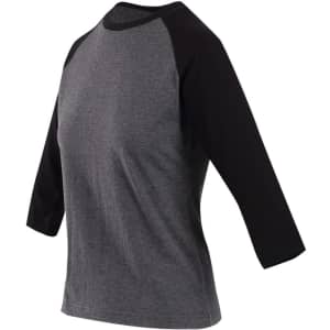 A women's 3/4 sleeve raglan T-shirt in grey with black sleeves, featuring a logo on the side.