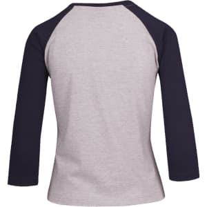 A women's 3/4 sleeve raglan T-shirt in grey with navy blue sleeves, featuring a logo on the back.