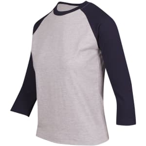 A grey and navy women's 3/4 sleeve raglan T-shirt with a simple design and a logo on the chest.