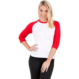 A women's 3/4 sleeve raglan t-shirt featuring white fabric with red sleeves, styled on a model.