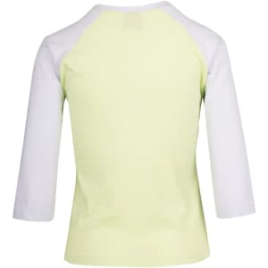 A women's 3/4 sleeve raglan T-shirt in light green with white sleeves, featuring a logo on the back.