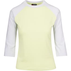 A women's 3/4 sleeve raglan t-shirt in light yellow with grey sleeves. It features a logo on the neckline.