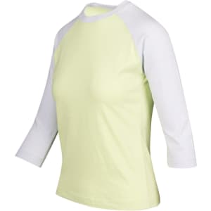 A women's 3/4 sleeve raglan T-shirt in light yellow with white sleeves, featuring a logo.