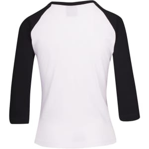 A women's 3/4 sleeve raglan T-shirt featuring a white body and black sleeves, with a logo on it.