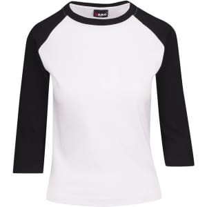 Women's 3/4 sleeve raglan T-shirt in white with black sleeves. Features a logo on the neck.