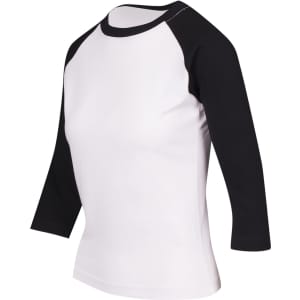 A women's 3/4 sleeve raglan T-shirt featuring a white body and black sleeves, with a logo on the front.