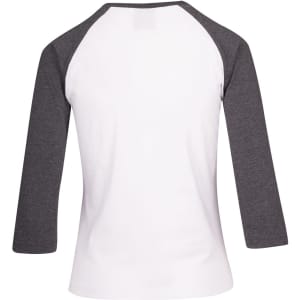 A women's 3/4 sleeve raglan t-shirt featuring a white body and grey sleeves, with a logo.