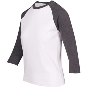 A white women's 3/4 sleeve raglan T-shirt with dark grey sleeves and a logo on the front.