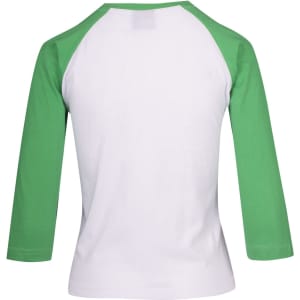A 3/4 sleeve raglan T-shirt featuring white body and green sleeves, with a logo on the back.