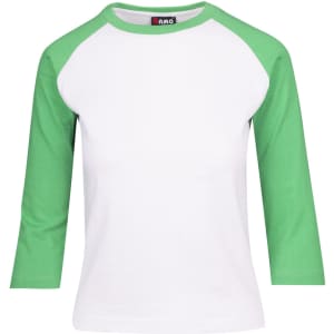 A white and green women's 3/4 sleeve raglan T-shirt featuring a logo.
