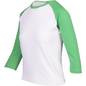 A women's 3/4 sleeve raglan T-shirt with white body and green sleeves, featuring a logo on the front.
