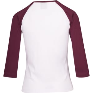 A Women's 3/4 Sleeve Raglan T-shirt in white with maroon sleeves, featuring a simple design and a logo.