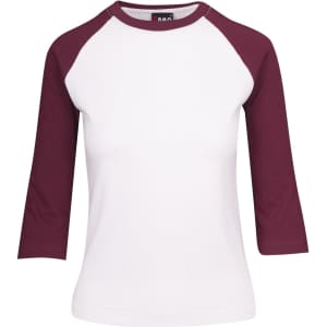A women's 3/4 sleeve raglan t-shirt with a white body and maroon sleeves, featuring a logo.