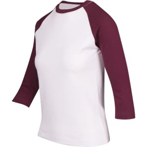 A women's 3/4 sleeve raglan t-shirt featuring white fabric with maroon sleeves. The shirt has a logo.