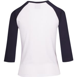 A 3/4 sleeve raglan T-shirt in white with navy sleeves, featuring a logo on the back.