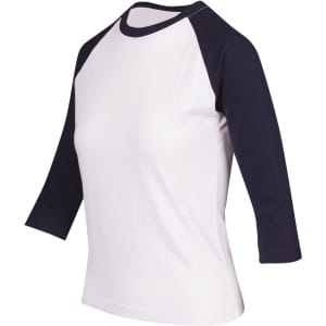 A women's 3/4 sleeve raglan T-shirt in white with navy sleeves. It features a logo on the front.