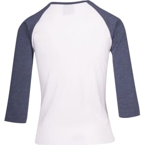 A women's 3/4 sleeve raglan t-shirt featuring a white body and navy blue sleeves, with a logo on the back.