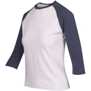 A women's 3/4 sleeve raglan T-shirt featuring a white body and navy blue sleeves, with a logo on the front.
