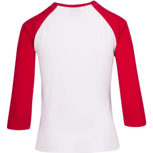 A women's 3/4 sleeve raglan T-shirt featuring a white body and red sleeves. It has a simple design and a logo.