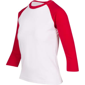 A women's 3/4 sleeve raglan T-shirt featuring red sleeves and a white body. The shirt has a logo.