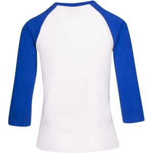 A 3/4 sleeve raglan T-shirt featuring a white body and blue sleeves, with a branding logo.