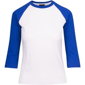 A women's 3/4 sleeve raglan T-shirt featuring white fabric with blue sleeves and a logo.